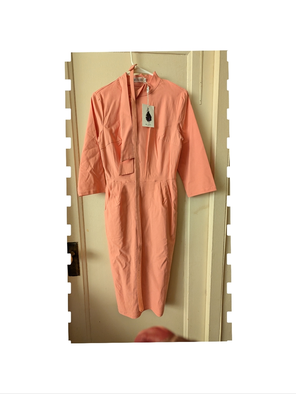 Gorgeous Muwn Peach Sheath Dress with Tie Neck